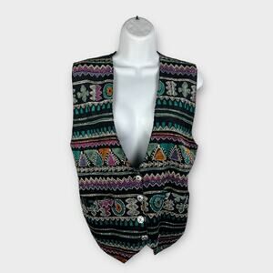 Vintage 90s Black Corduroy beaded faux painted colorful boho vest Large Theo